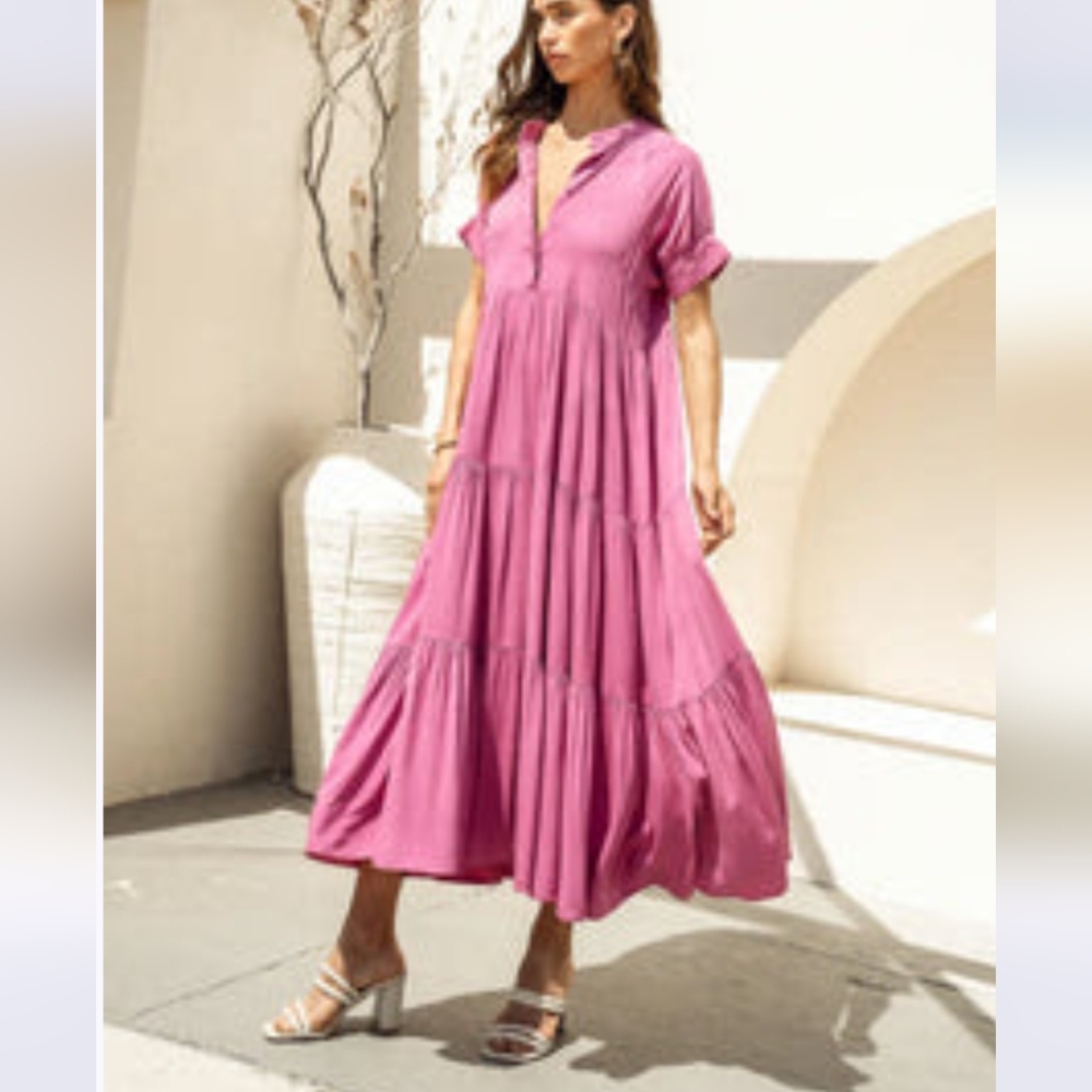 Bohme Amanda Tiered Dress in Orchid Pink Elegant Midi Maxi Dress Size XL
